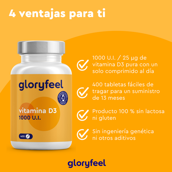 Botella de Vitamina D3 1000 UI - 400 Comprimidos de GloryFeel GmbH España, con fondo naranja, que ofrece una dosis de 1000 UI/25 µg. Refuerza el sistema inmunitario y mantiene huesos y dientes sanos. Libre de gluten, lactosa y transgénicos.