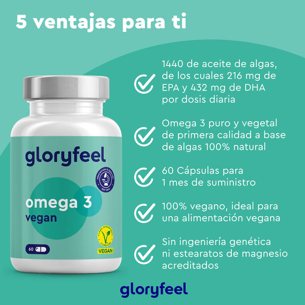 Omega 3 Vegano en cápsulas de GloryFeel GmbH España aporta 1440 mg de aceite de algas rico en DHA y EPA. Con 60 cápsulas, es apto para dietas veganas y está elaborado con ingredientes 100 % naturales, libres de ingeniería genética.