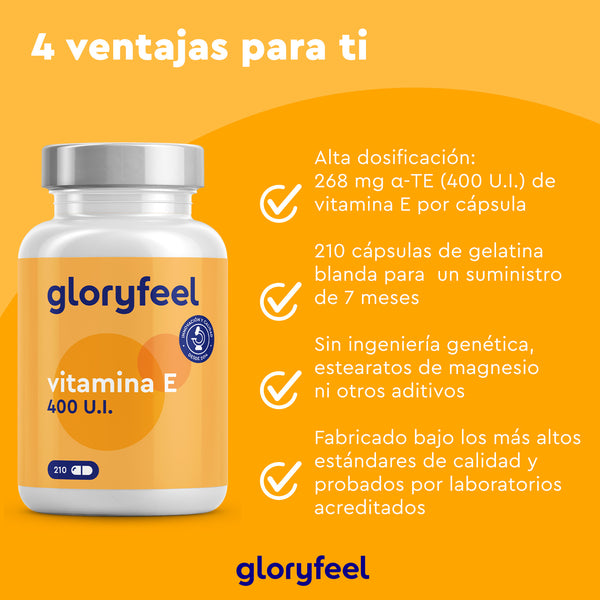 Imagen de las cápsulas de vitamina E de GloryFeel GmbH que muestra sus ventajas: alta dosis, 210 cápsulas para 7 meses de suministro, sin aditivos y con altos estándares de fabricación. Rica en tocoferoles y antioxidantes.