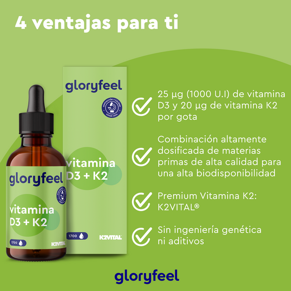 La vitamina D3/K2 en gotas de GloryFeel GmbH España destaca sus beneficios: cada gota contiene 25 µg de vitamina D3 y 20 µg de vitamina K2 premium, lo que garantiza una alta biodisponibilidad. Libre de OMG y aditivos, favorece un sistema inmunitario robusto.