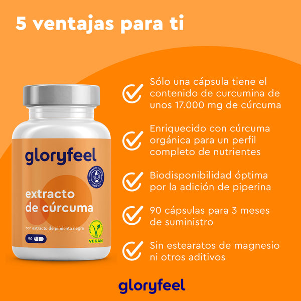 Presentamos el extracto de cúrcuma en cápsulas de GloryFeel GmbH España, con cúrcuma orgánica de biodisponibilidad mejorada. Disfrute de los beneficios de alta calidad de la curcumina orgánica en un generoso suministro de 90 cápsulas para tres meses. ¡Siente la diferencia ahora!.