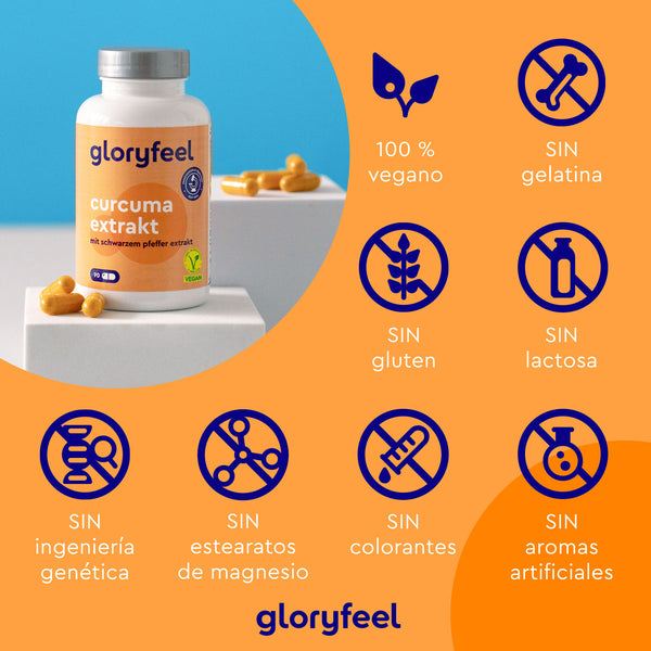 El extracto de cúrcuma en cápsulas de GloryFeel GmbH España se exhibe en un podio, destacando su alta calidad. Los iconos destacan sus propiedades veganas, sin gelatina, sin gluten, sin lactosa y sin ingeniería genética, estearatos de magnesio, colorantes ni aromas artificiales. Enriquecido con extracto de pimienta negra.