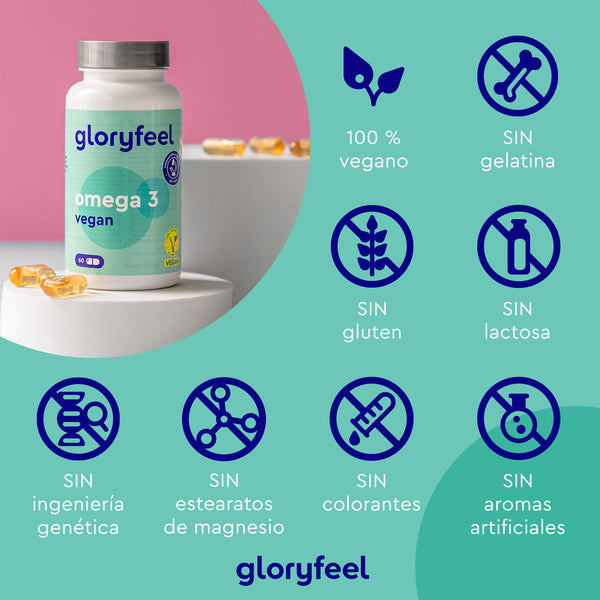 La botella de Omega 3 Vegano en cápsulas de GloryFeel GmbH España presenta iconos que resaltan su contenido en DHA y EPA, al tiempo que garantizan que es 100% vegano y libre de gelatina, gluten, lactosa, OGM, estearatos de magnesio, colorantes y sabores artificiales.