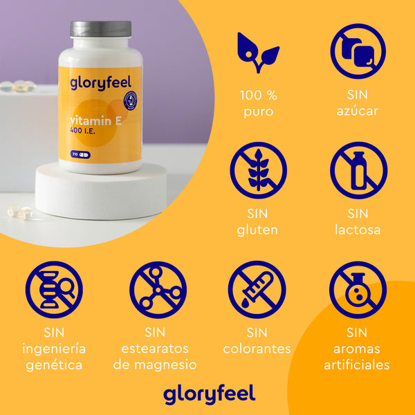 Se exhibe una botella de cápsulas de vitamina E de GloryFeel GmbH, ricas en antioxidantes. Luce iconos que indican que es 100 % pura y libre de azúcar, gluten, lactosa, OMG, estearato de magnesio, colorantes y aromas artificiales, celebrando así el poder natural de los tocoferoles.