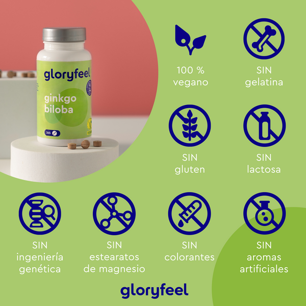 El suplemento Ginkgo Biloba de GloryFeel GmbH España, inspirado en la medicina tradicional china y el antiguo árbol de la vida, está certificado como vegano y no contiene gelatina, gluten, lactosa, OGM, estearatos de magnesio, colorantes ni sabores artificiales.