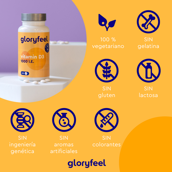 La Vitamina D3 1000 UI - 400 Comprimidos de GloryFeel GmbH España es un suplemento vegetariano sin gelatina, gluten, lactosa, ingredientes transgénicos, saborizantes artificiales ni colorantes. Favorece la salud de los huesos y los dientes, a la vez que fortalece el sistema inmunitario para un bienestar general.