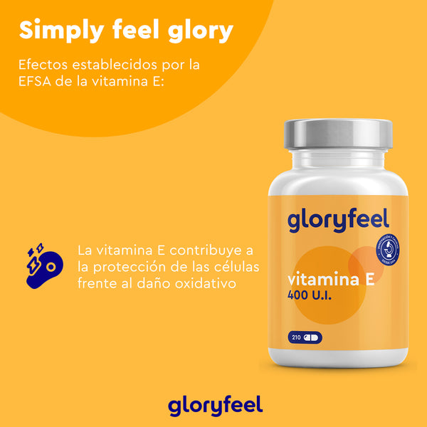 Botella de cápsulas de vitamina E de GloryFeel GmbH con 400 UI por cápsula sobre fondo amarillo, resaltando sus beneficios antioxidantes contra el daño celular oxidativo.