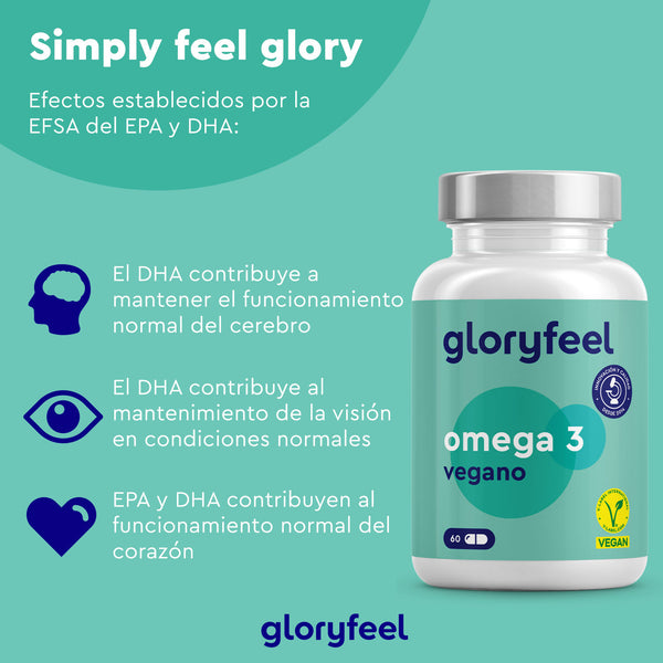 La imagen muestra un frasco del suplemento "Omega 3 Vegano en cápsulas" de GloryFeel GmbH España, que destaca los beneficios del DHA y el EPA para la salud cerebral, visual y cardíaca. Fondo verde con iconos y logotipos de certificación.