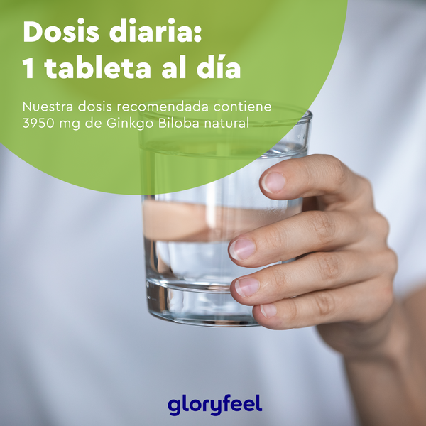 Una mano sosteniendo un vaso de agua con el texto: «Dosis diaria: 1 comprimido al día. Nuestra dosis recomendada contiene 3950 mg de Ginkgo Biloba natural, un tesoro de la medicina tradicional china». Logotipo: GloryFeel GmbH España.