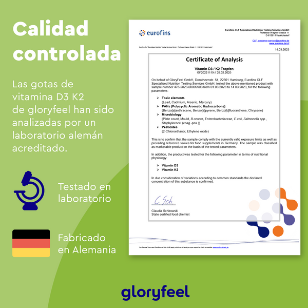 Certificado de Análisis de Vitamina D3 / K2 en gotas de GloryFeel GmbH España, que presenta validación de laboratorio y garantía de calidad, centrándose en el apoyo al sistema inmunológico. Testado en laboratorio y elaborado en Alemania para asegurar estándares excepcionales.
