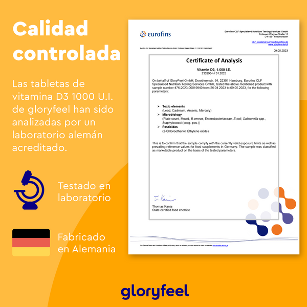 El Certificado de Análisis de Vitamina D3 1000 UI - 400 Tabletas de GloryFeel GmbH España presenta un icono de prueba de laboratorio alemán y la bandera alemana, con un texto en español que enfatiza el control de calidad, la excelencia en la fabricación y los beneficios de la vitamina D3 para unos huesos y dientes sanos.