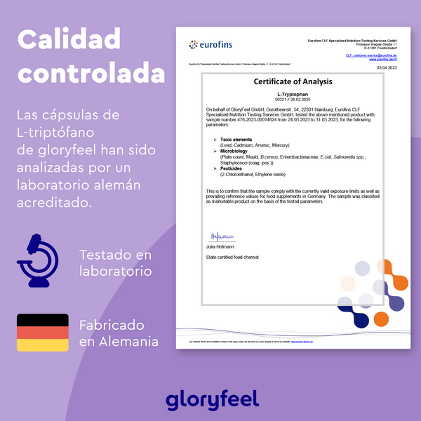 El Certificado de Análisis de Eurofins, sobre fondo morado, destaca el papel del L-triptófano en el control de calidad de las cápsulas de L-triptófano de GloryFeel GmbH España. Con iconos de laboratorio y fabricación alemana, ejemplifica la excelencia de los productos relacionados con la serotonina.