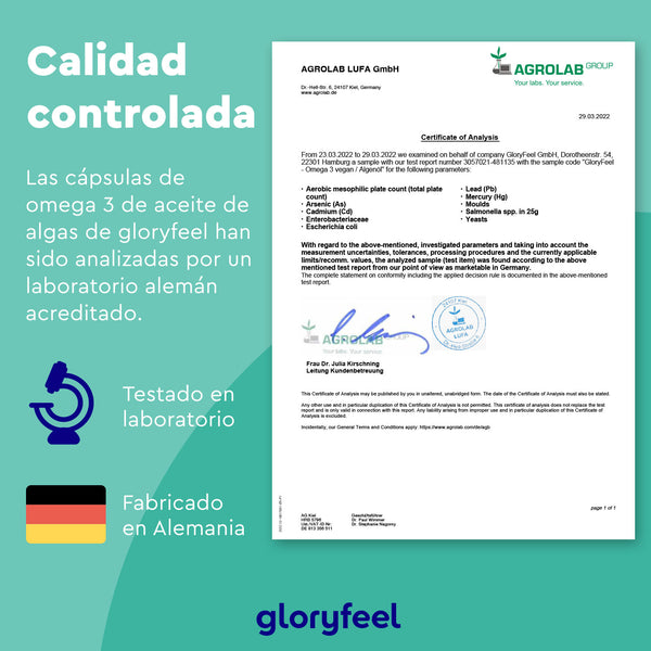 Certificado de análisis de Omega 3 Vegano en cápsulas de GloryFeel GmbH España, con etiquetas de EPA y DHA probadas en laboratorio, además de una lupa y el icono de la fábrica sobre fondo verde. Fabricado en Alemania por AGROLAB LUFA GmbH.