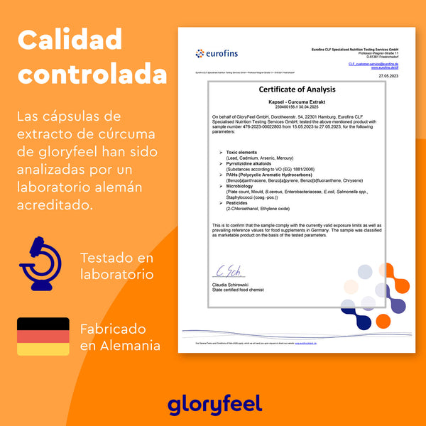 Análisis de Extracto de cúrcuma en cápsulas por GloryFeel GmbH España, elaborado por un laboratorio alemán acreditado. Incluye firma, logotipo de Eurofins, sello de aprobación y gráficos de prueba. Texto en español destacando su alta calidad.
