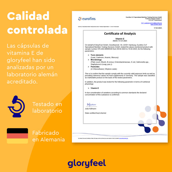 Certificado de análisis de las cápsulas de vitamina E de GloryFeel GmbH, con fecha del 17/02/2023. Incluye pruebas de laboratorio y detalles de fabricación sobre el contenido de tocoferoles, con un fondo de la bandera alemana e iconos que resaltan las propiedades antioxidantes.