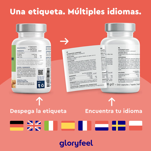 Dos frascos de Fenogreco 2.600 mg de gloryfeel GmbH llevan etiquetas despegables con instrucciones en español, varios idiomas, banderas europeas debajo, y destacan ingredientes clave como la vitamina D3 y los fitoestrógenos.
