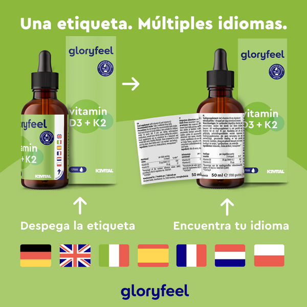 El envase verde y blanco de Vitamina D3 / K2 en gotas de GloryFeel GmbH España respalda el sistema inmunológico, con etiquetas que se despegar para mostrar banderas en los idiomas español, inglés, alemán, italiano, francés, holandés y polaco.