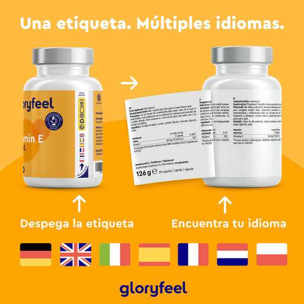 Dos frascos de suplementos tienen etiquetas multilingües. El frasco de la izquierda, Vitamina E cápsulas de GloryFeel GmbH, luce una etiqueta extraíble que destaca sus potentes antioxidantes. Las banderas de siete países que aparecen debajo demuestran el atractivo universal de los tocoferoles.