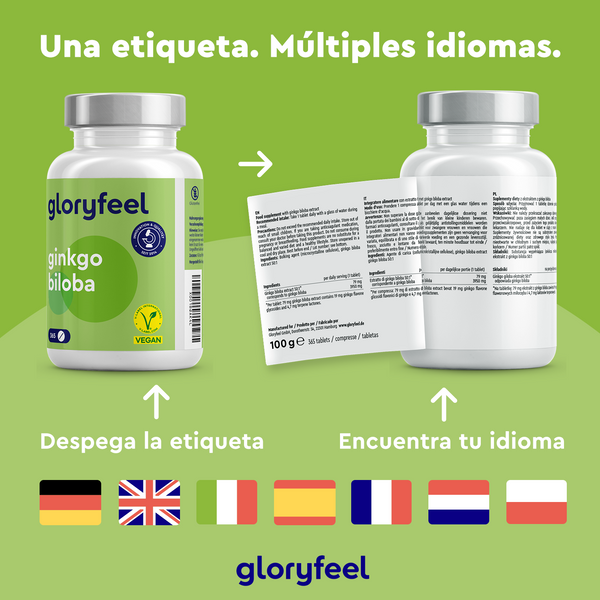 Dos botellas de Ginkgo Biloba de GloryFeel GmbH España, etiquetadas como "árbol de la vida", presentan etiquetas multilingües y un diseño desprendible con símbolos de banderas para enfatizar sus orígenes en la medicina tradicional china.