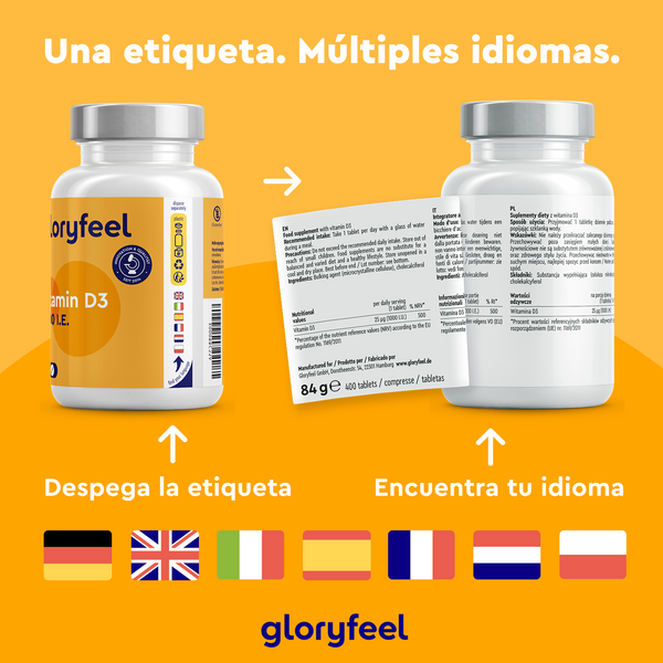 Dos frascos de Vitamina D3 1000 UI - 400 Comprimidos de GloryFeel GmbH España, con etiquetas con banderas de España, Inglaterra, Francia, Alemania, Italia, Polonia y Países Bajos. Esencial para huesos y dientes sanos, así como para el sistema inmunitario.