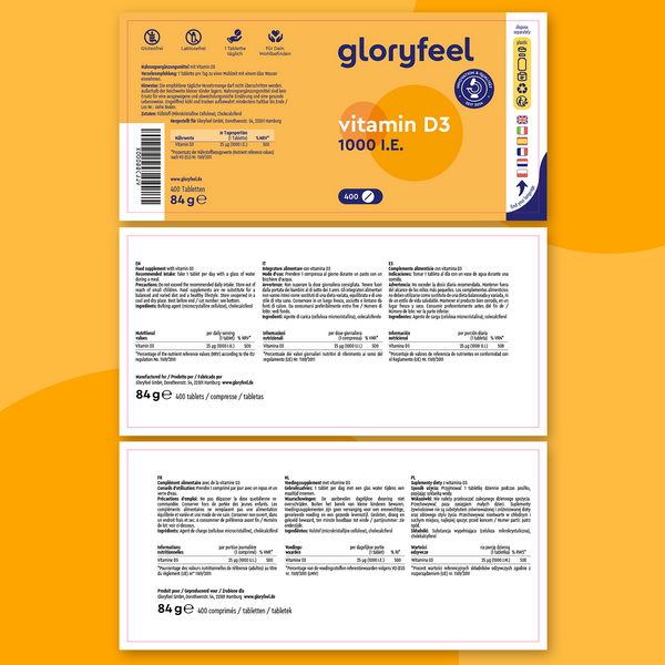 El envase de GloryFeel GmbH España Vitamina D3 1000 UI - 400 Tabletas tiene un fondo naranja y blanco que resalta los beneficios para huesos y dientes sanos, incluye detalles del producto, información nutricional, instrucciones de dosificación y apoya un fuerte sistema inmunológico.