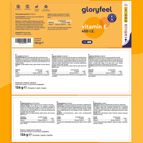 Cápsulas de vitamina E de GloryFeel GmbH: La caja incluye detalles del producto, ingredientes e información multilingüe. Contiene 210 cápsulas con 400 UI de antioxidantes y tocoferoles. Incluye instrucciones e información nutricional.