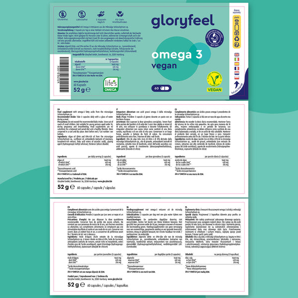El Omega 3 Vegano en cápsulas de GloryFeel GmbH España destaca sus ingredientes, información nutricional y certificaciones en su envase. Luce con orgullo los distintivos de EPA y DHA, además de sus estándares veganos y ecológicos.