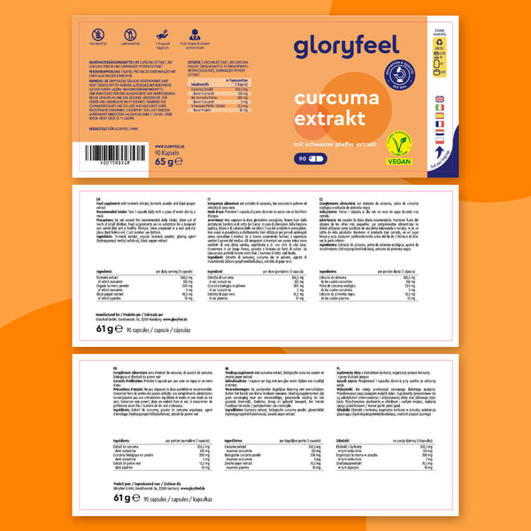 Etiqueta de "Extracto de cúrcuma en cápsulas" de GloryFeel GmbH España, que incluye información nutricional, lista de ingredientes multilingüe, ícono vegano y código de barras. Contiene cúrcuma orgánica y extracto de pimienta negra para asegurar alta calidad en cada dosis.