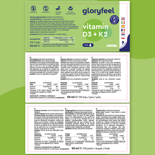 La vitamina D3/K2 en gotas de GloryFeel GmbH España promueve la salud ósea con información nutricional y detalles del producto en alemán e inglés. Presenta un diseño en verde y blanco, iconos de certificación y una escala de medición para una ingesta precisa.