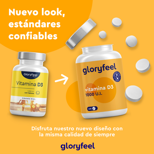 Dos frascos de Vitamina D3 1000 UI, cada uno con 400 comprimidos: el de la izquierda tiene una etiqueta con un diseño gráfico; el de la derecha, un diseño minimalista. El texto dice "Nuevo look, estándares confiables" de GloryFeel GmbH España. Ideal para mantener huesos, dientes y un sistema inmunitario sanos.