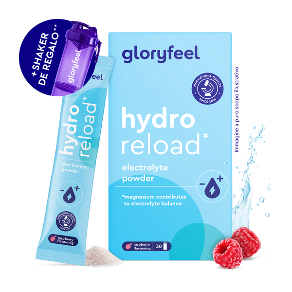 Electrolitos Hidratación FRAMBUESA de gloryfeel GmbH España, sabor frambuesa, mostrado con frambuesas, salpicadura de agua, un poco de polvo y una botella agitadora morada.