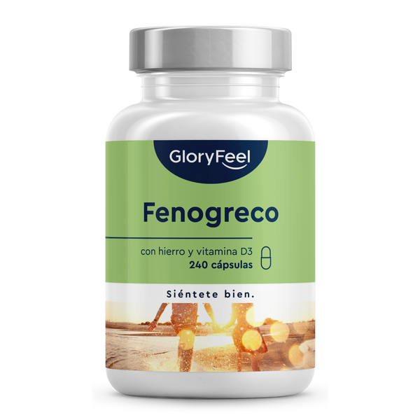 Un frasco de gloryfeel GmbH Fenogreco 2.600 mg suplemento dietético, con fitoestrógenos, hierro y vitamina D3, contiene 240 cápsulas.