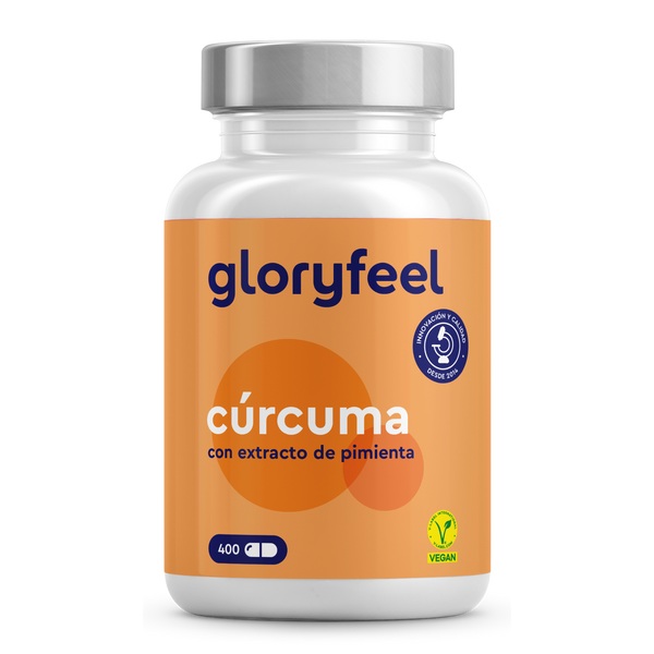 GloryFeel GmbH Cúrcuma Intensiva de España presenta un símbolo vegano y contiene 400 cápsulas de hidroxipropilmetilcelulosa elaboradas con cúrcuma en polvo y extracto de pimienta.