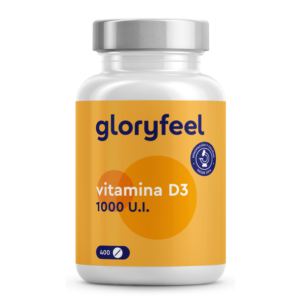 GloryFeel GmbH España Vitamina D3 1000 UI - 400 Tabletas favorece la salud de los huesos y los dientes a la vez que refuerza el sistema inmunitario, presenta una etiqueta naranja y una elegante tapa plateada.