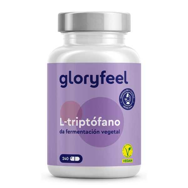 Las cápsulas de L-Triptófano de GloryFeel GmbH España contienen 240 cápsulas con certificación vegana en un frasco con etiqueta morada. Este suplemento premium aumenta los niveles de serotonina de forma natural.
