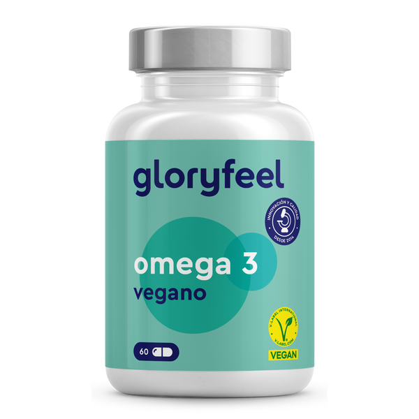 Un frasco de Omega 3 Vegano en cápsulas de GloryFeel GmbH España, con etiqueta verde azulado con el logo de certificación vegana, rico en EPA y DHA, contiene 60 cápsulas.