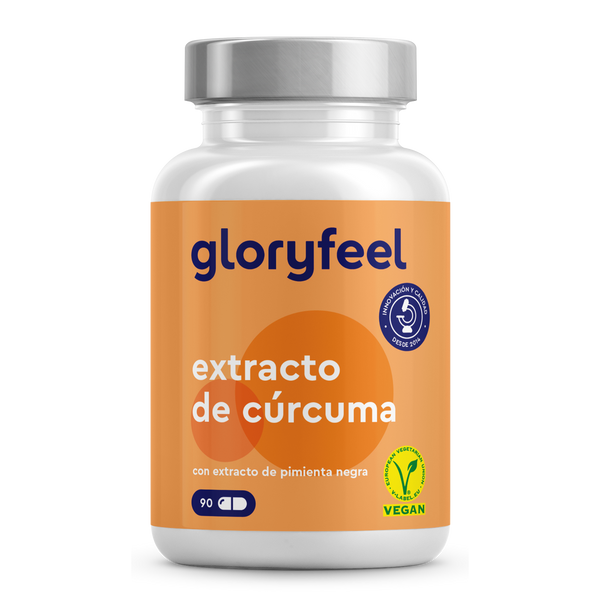 Un frasco de extracto de cúrcuma en cápsulas de GloryFeel GmbH España, con cúrcuma orgánica y extracto de pimienta negra de alta calidad, presenta una etiqueta naranja con los logotipos de certificación vegana y de calidad. Contiene 90 cápsulas.