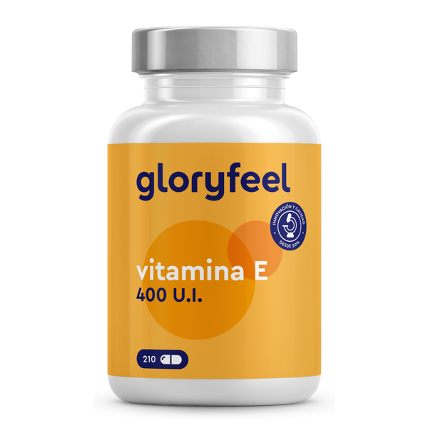 Un frasco de cápsulas de vitamina E de GloryFeel GmbH etiquetado 400 U.I. contiene 210 cápsulas de gelatina blanda con antioxidantes y presenta un diseño naranja y blanco.