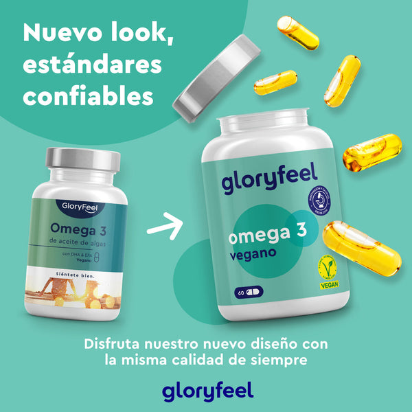 Dos frascos de Omega 3 Vegano en cápsulas de GloryFeel GmbH España: uno más pequeño, con la etiqueta "aceite de algas" con DHA y EPA, y el más grande, con la etiqueta "vegano", están rodeados de cápsulas. El texto destaca un nuevo diseño y el cumplimiento de estándares fiables.