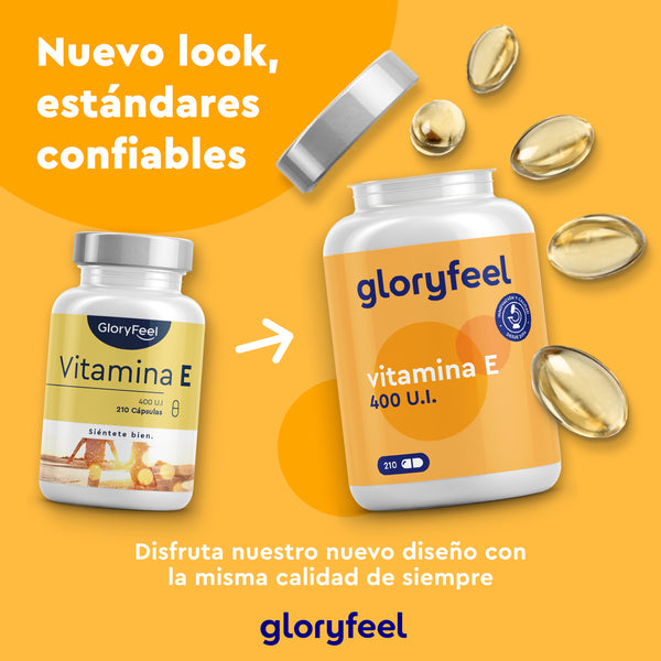 Dos frascos de cápsulas de vitamina E de GloryFeel GmbH, con cápsulas doradas y un diseño innovador. El texto en español destaca los tocoferoles y antioxidantes, mostrando la nueva imagen y los estándares de fiabilidad.