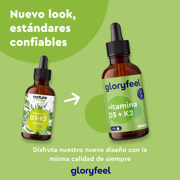 Sobre un fondo verde, dos frascos con gotero: a la izquierda, vitamina D3 + K2 de la marca "nature", 1700 unidades; a la derecha, "GloryFeel GmbH España" con las mismas especificaciones. Texto: "Nuevo look, estándares confiables para tu sistema inmunológico".
