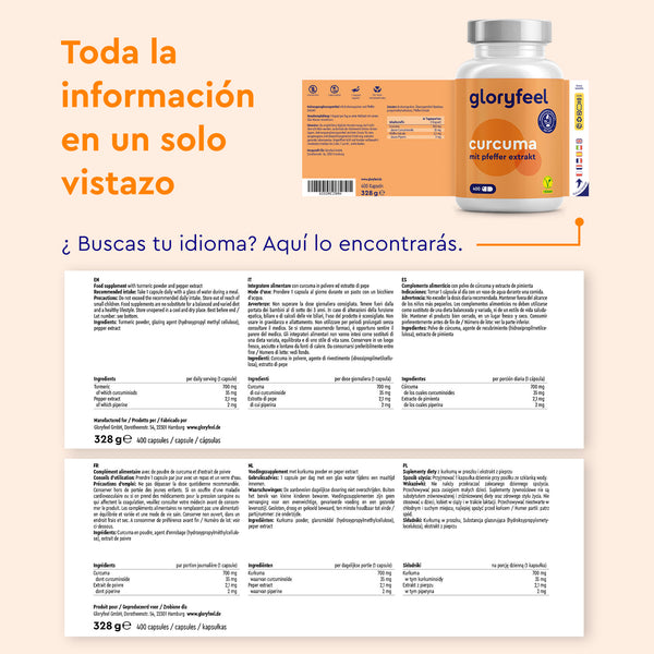 El suplemento Cúrcuma Intensiva de GloryFeel GmbH España incluye información nutricional multilingüe, imagen del producto, detalles de la etiqueta y una lista de ingredientes que destaca la cúrcuma en polvo y el extracto de pimienta para un atractivo global.