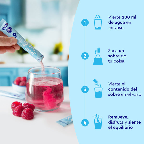 Una persona está vertiendo Electrolitos Hidratación FRAMBUESA de un paquete azul en un vaso de líquido rosa, siguiendo la guía en español de gloryfeel GmbH España para mezclar la bebida con agua, con frambuesas en la mesa.