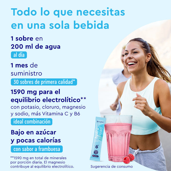 Una mujer corriendo cerca de un vaso de Electrolitos Hidratación FRAMBUESA de gloryfeel GmbH España, mostrando los beneficios de los electrolitos equilibrados, bajo contenido de azúcar y sabor a frambuesa.