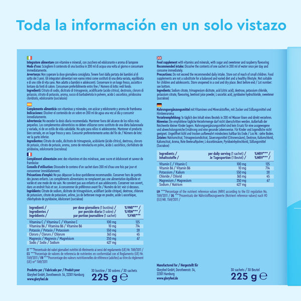 Ficha informativa bilingüe en español e inglés para un alimento de 225 g, que detalla los ingredientes, valores nutricionales y detalles del envase de Electrolitos Hidratación FRAMBUESA de gloryfeel GmbH España.