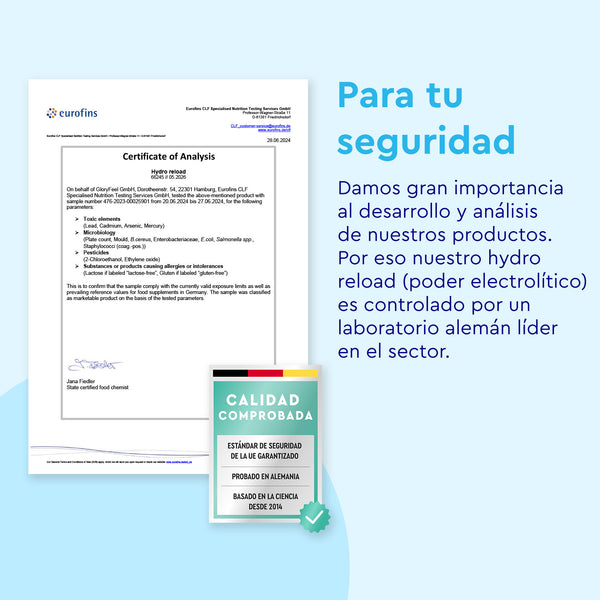 El Electrolitos Hidratación FRAMBUESA de gloryfeel GmbH España incluye un certificado de análisis y un distintivo de certificación de calidad, destacando el desarrollo del producto con énfasis español y pruebas de laboratorio alemanas para seguridad.