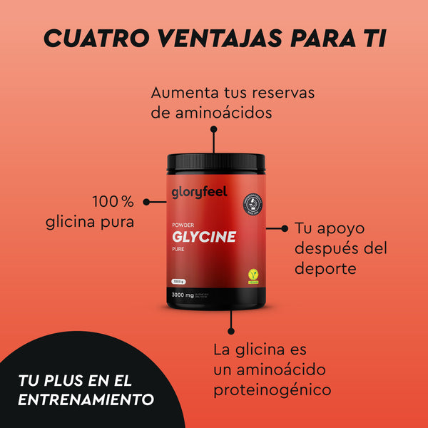 El frasco rojo de L-Glicina en Polvo de gloryfeel GmbH España destaca sus beneficios: glicina pura, potencia los aminoácidos, favorece la recuperación postdeportiva y es proteinogénico. La etiqueta circular negra indica "entrenamiento plus".