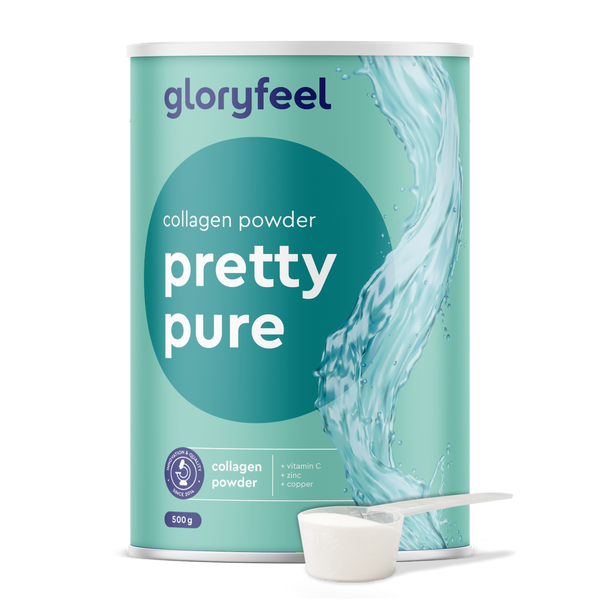 El producto de Gloryfeel GmbH España, "Colágeno en polvo 500 g - Pretty pure - Sabor neutro", se presenta en un envase verde y azul con una cucharada de polvo blanco. Contiene vitamina C, zinc y cobre añadidos.
