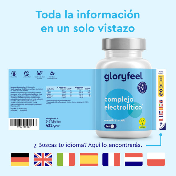 La botella del suplemento "Tabletas de Electrolitos" de Gloryfeel GmbH España presenta un diseño azul y blanco con banderas que indican las opciones de idioma y los detalles del producto en el lateral.