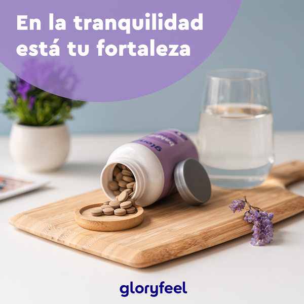 Una botella de Valeriana en tabletas de Gloryfeel GmbH está volcada sobre una tabla de madera junto a un vaso de agua y un pequeño jarrón. El texto en español dice: «En la tranquilidad está tu fortaleza», promocionando este sedante vegetal para calmar el sistema nervioso central.